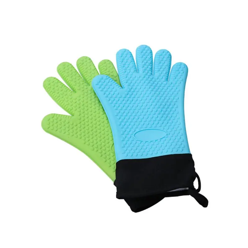 1Pc 1Pc Food Grade Thick Heat Resistant Silicone Glove Full Fingered Baking BBQ Anti-Skid Oven Cooking Mittens Non-Slip Cotton