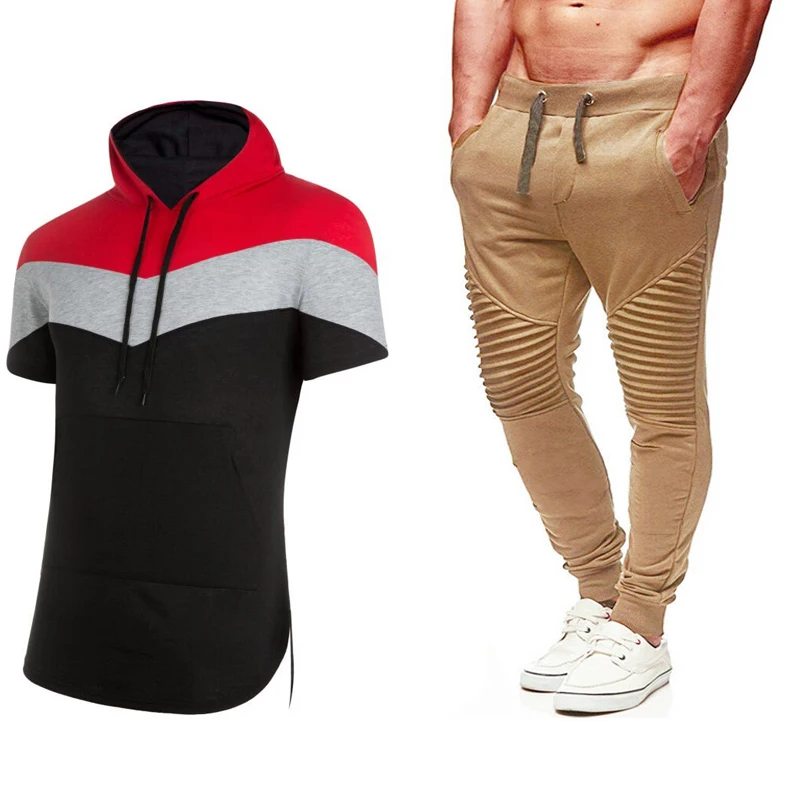 Модный цветной повседневный костюм+ с капюшоном мужские с коротким рукавом летние спортивные штаны - Цвет: 9