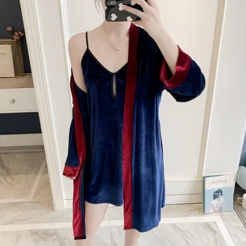 

Velvet Women Kimono Gown Soft Bathrobe Casual Twinset Robe Set Solid Navy Blue Bridal Wedding Gift Warm Sleep Suit Homewear