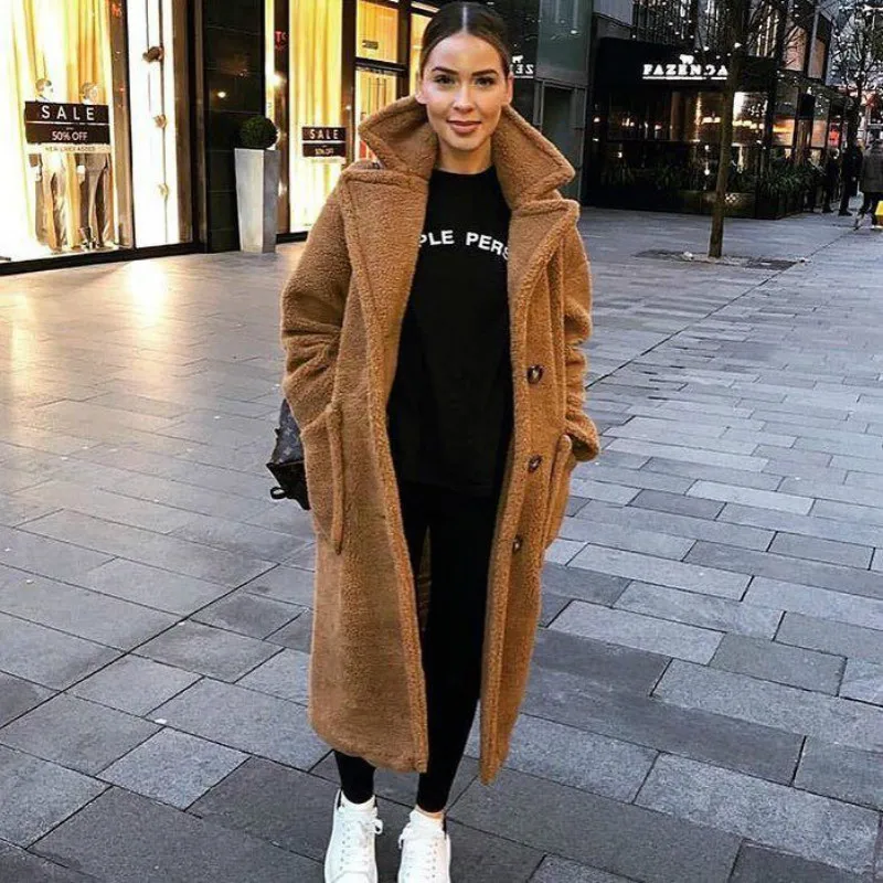 BOOFEENAA/модное зимнее пальто большого размера, длинное, верблюжье, Женский высококачественный ворсистый жакет из искусственного меха, коричневое, лохматое пальто-Тедди, C48-CC38