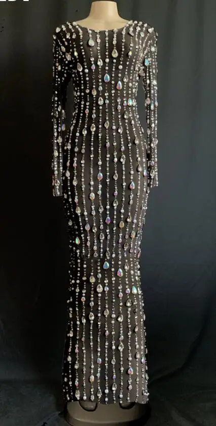 Flashing Design Rhinestones pearls Mesh Dress Birthday Celebrate Stretch Dress See Through Outfit Singer Prom Party Performance - Цвет: black long