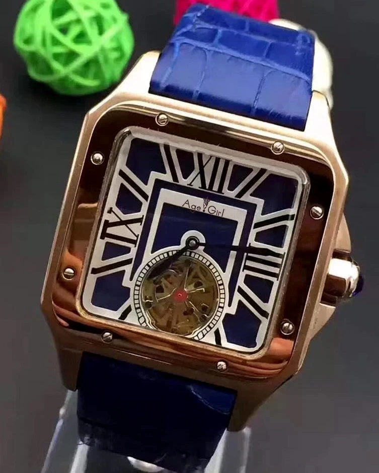 

Luxury Brand New Men Automatic Mechanical Watch Gold Rome Black Blue Leather Tourbillon Sapphire Glass Back Limited Sport Square