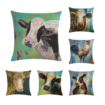 

Oil Painting Animal Cushion Cover 45X45cm Cotton Linen Cattle Originality Pillow Case Home Decor Chicken Cow Throw Pillow Cover