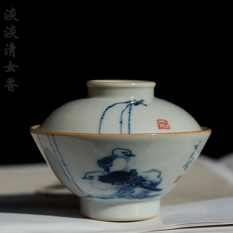 Ручная роспись синий и белый Мерле Птица узор Cermic Tureen чаша для чая фарфоровый