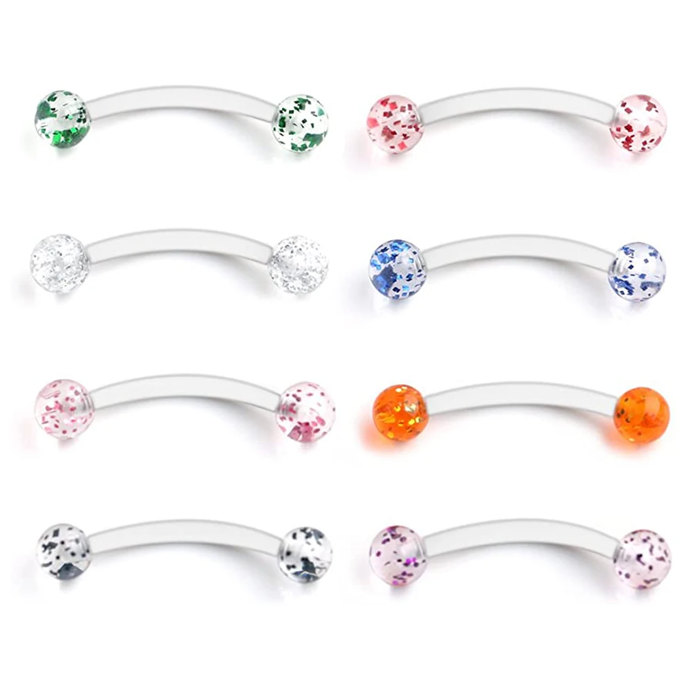 8PCS 16G Glitter Bioflex Acrylic Curved Barbell Snake Eyes Tongue Ring Eyebrow Retainer Piercing