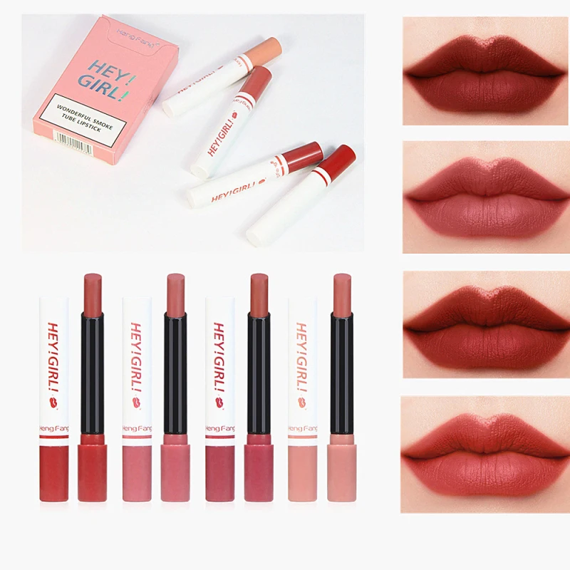 

4 Colors/set Long Lasting Matte Korean Lipstick Moisture Cosmetic Lips Makeup Waterproof Smoke Tube Lipstick Velvet Red Lip