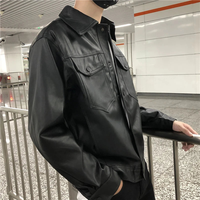 Korean Black Leather Jacket Men's Fashion Lapel Motorcycle Jackets Mens Streetwear Loose Hip-hop Bomber Jacket Men M-2XL leather jacket outfit men