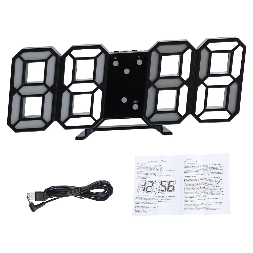 3D LED Digital Alarm Colck Large Date Time Celsius Nightlight Display Table Desktop Clocks Wall Alarm Clock for Living Room - Цвет: black-white