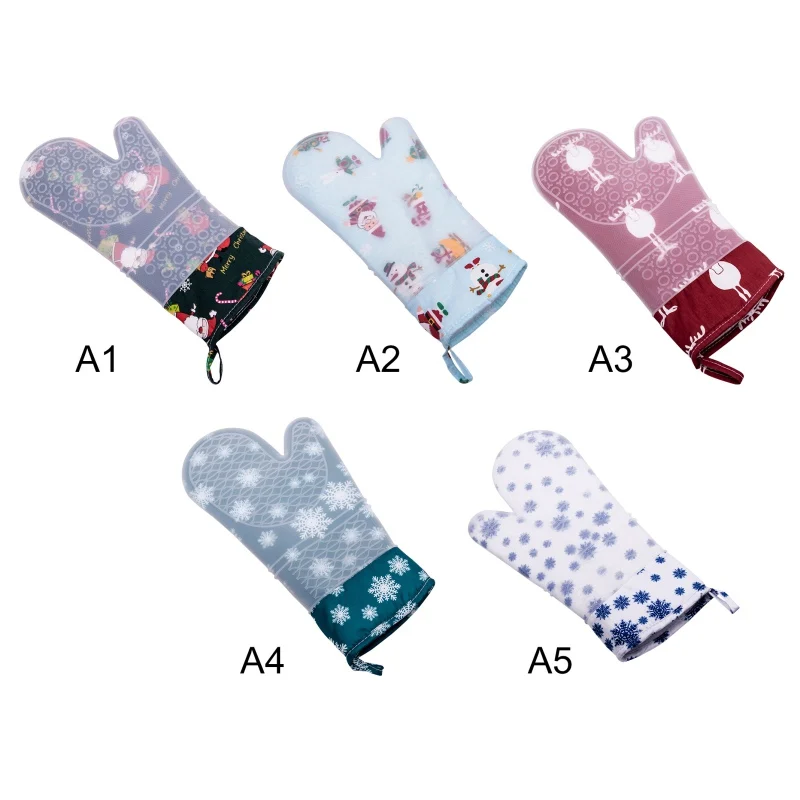 Christmas Silicone Oven Mitt Clear Shell With Christmas Printing Cotton Lining Heat Resistant Kitchen Oven Gloves Pot Holders