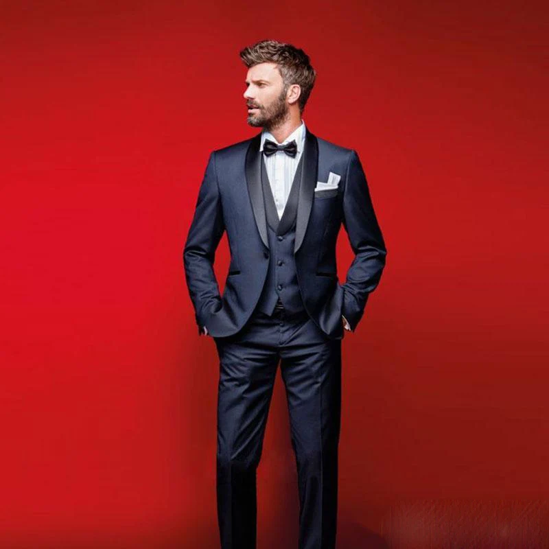 

Classy Navy Blue Wedding Tuxedos Slim Fit Suits For Men Groomsmen Suit Three Pieces Cheap Prom Formal Suits (Jacket +Pants+Vest)