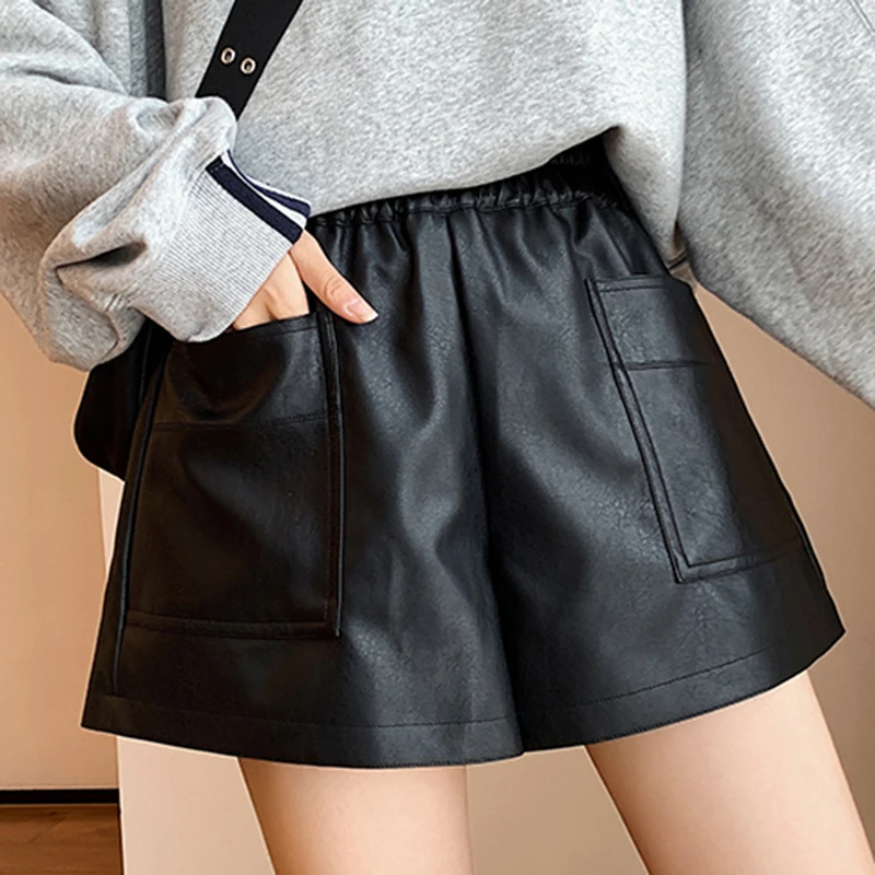 Shintimes Autumn Casual A-Line Elegant PU Leather Shorts Women Loose Wide Leg Winter High Waist Black Shorts Pantalones Cortos