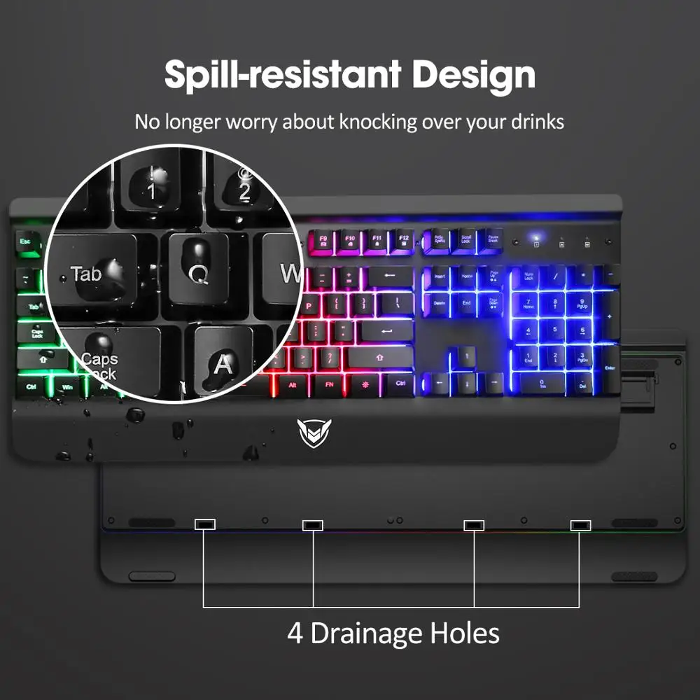 Игровая клавиатура PICTEK PC268, проводная USB мембранная клавиатура с RGB подсветкой, с подставкой для запястья, 104, колпачки для ПК, компьютера, русская наклейка
