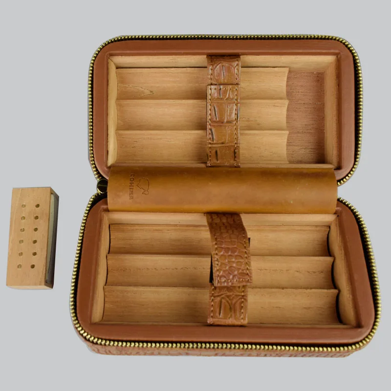 Чехол для сигар COHIBA коричневого цвета из крокодиловой кожи для сигар, встроенный увлажнитель, вмещает 6 сигар