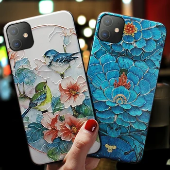 

Blue emboss Flower double birds case For Iphone 11 PRO MAX case cover
