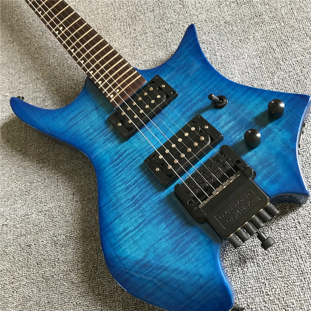 Free shipping transblack purple tiger maple headless electric guitar, factory store