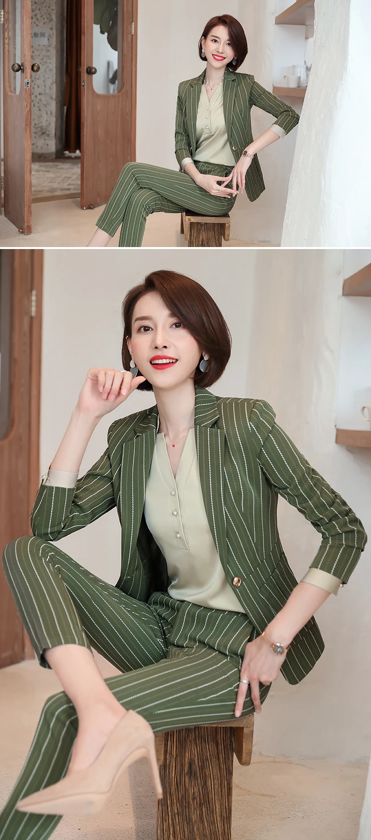 IZICFLY новые осенние зеленые полосатые Формальные женские костюмы женский костюм офисная форма дизайн элегантные деловые брюки костюм