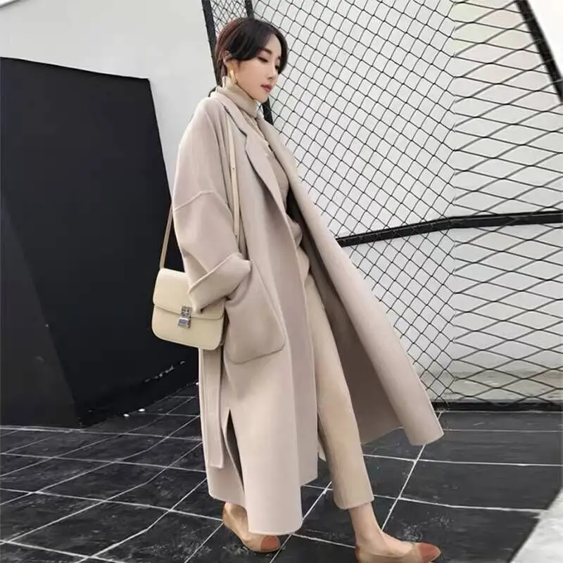 [EWQ] осеннее Новое толстое теплое зимнее пальто для женщин, длинная кашемировая верхняя одежда с длинным рукавом размера плюс, шерстяное пальто QL309 - Цвет: Beige