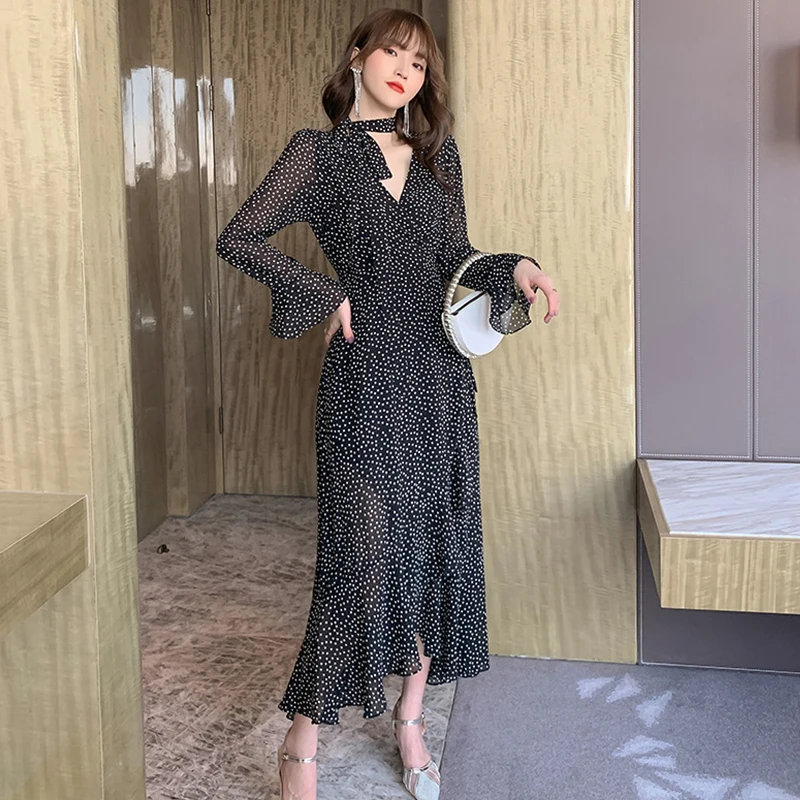 

Spring Beach Holiday Maxi Dress Ladies Elegant Casual Sexy V-neck Flare Sleeve Retro Belt Boho Dot Print Ruffle Party Long Dress