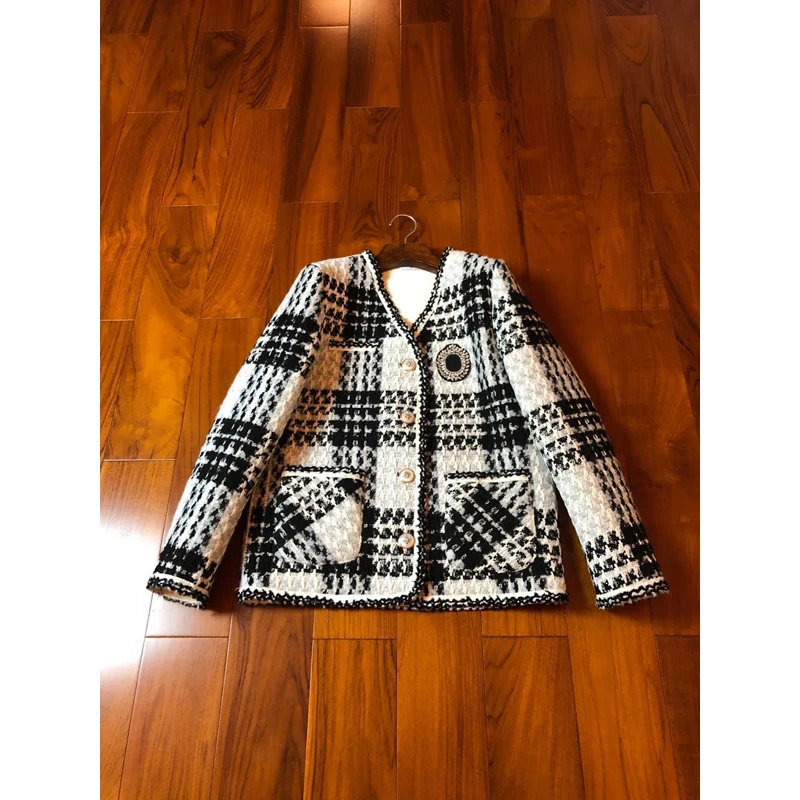 

Vintage Winter 10.28 Autumn Fashion Plaid Houndstooth V-neck Lining Fleece Warm Short Jacket Coat Women Tweed Outerwear
