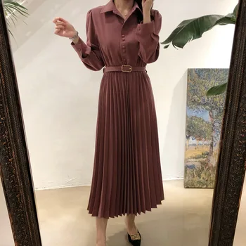 

New 2020 Spring Elegant Women Dress Sashes Belted Long Pleated Dresses Female High Waist A-line Solid Dress Office Lady Vestidos