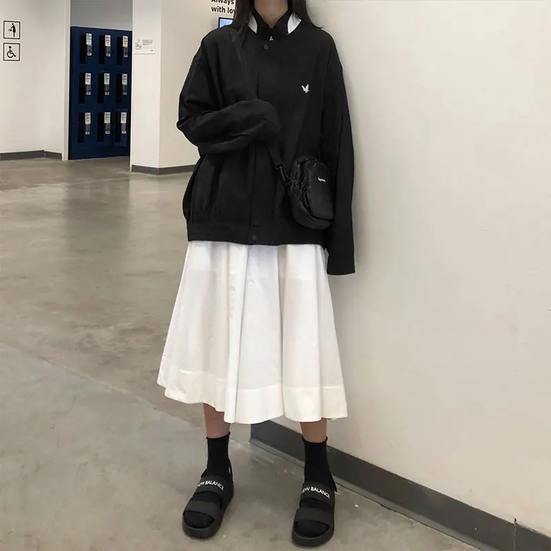 

2 colors autumn 2019 harakuju Jacket Women loose embroidery preppy style stand collar thin Jacket Basic Coats (X1034)