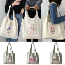 Women‘s Shopper Shopping Bags Canvas Commuter Bag Family Mom Series Large Grocery Handbags Portable One-shoulder Tote Bag