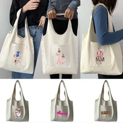 Women‘s Shopper Shopping Bags Canvas Commuter Bag Family Mom Series Large Grocery Handbags Portable One-shoulder Tote Bag