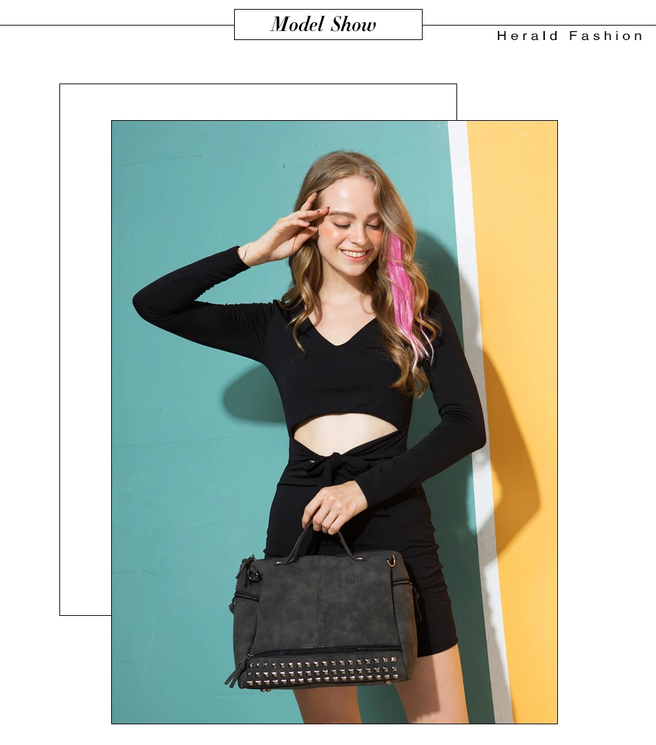 Herald модная женская сумка с заклепками, кожаная женская сумка с помпоном для волос, Вместительная женская сумка на плечо, винтажная мотоциклетная сумка
