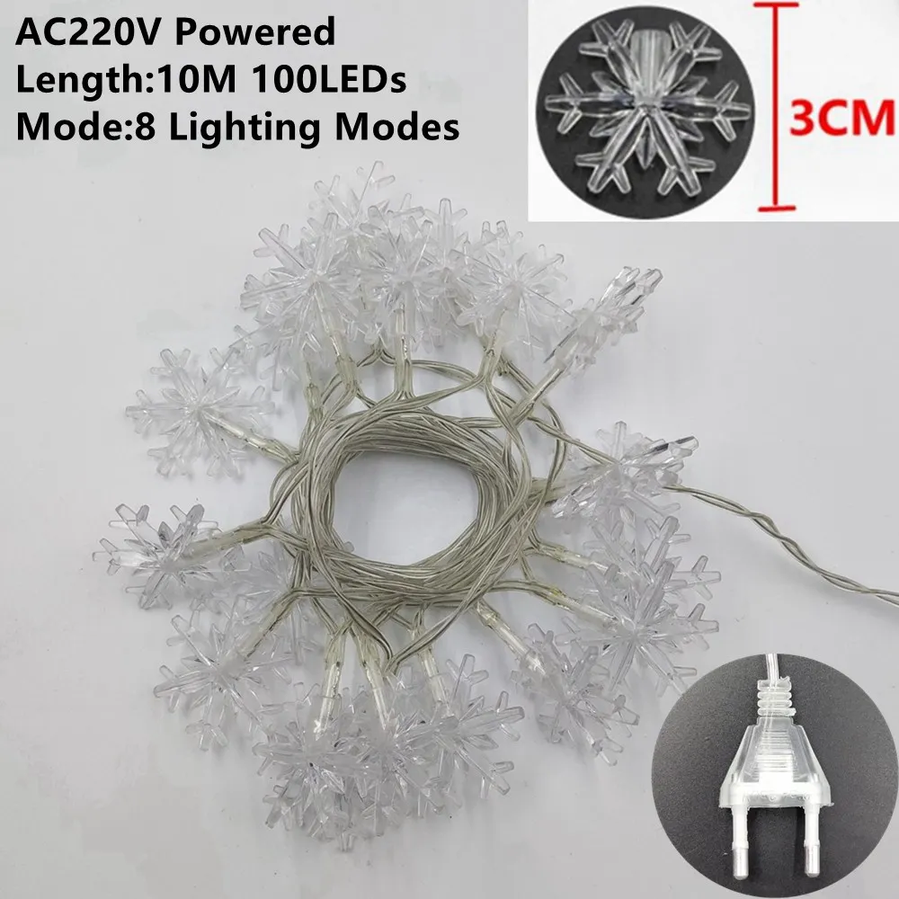 AC220V-10M 100LEDs 2-20 м светодиодный гирлянда в виде снежинок, гирлянда, украшение для рождественской елки, новогодняя, комнатная батарея, USB, 220 В, на солнечной батарее - Испускаемый цвет: AC220V-10M 100LEDs