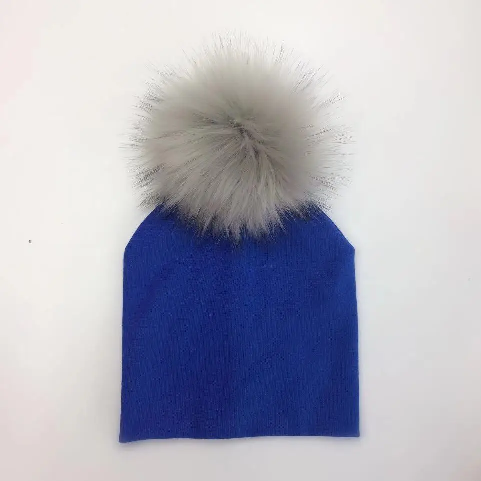 1 blue Зимняя детская шапка для малышей; реквизит из меха енота для мальчиков и девочек; детская шапка из искусственного хлопка; шапка для новорожденных; детская шапочка с помпоном - Цвет: 1 blue