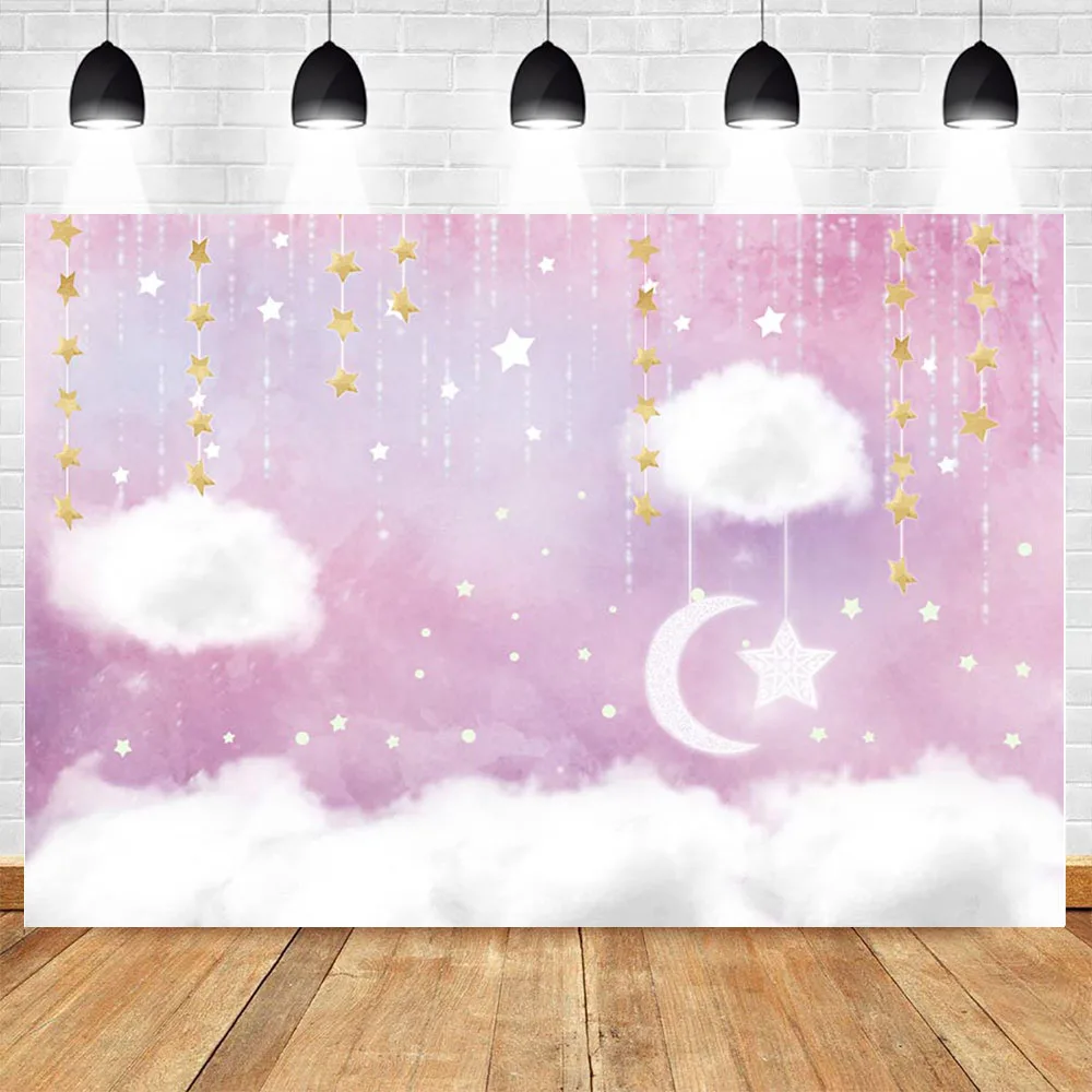 Mehofond White Clouds Pink Sky Photography Background Twinkle Star Newborn Portrait Birthday Baby Shower Backdrop Photo Studio |