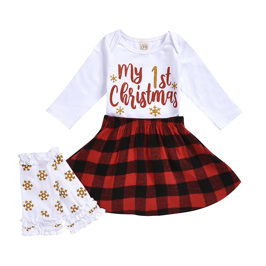 My first christmas/; Рождественский комбинезон с надписью для маленьких девочек; клетчатая юбка; гетры; рождественские наряды; conjunto infantil menino