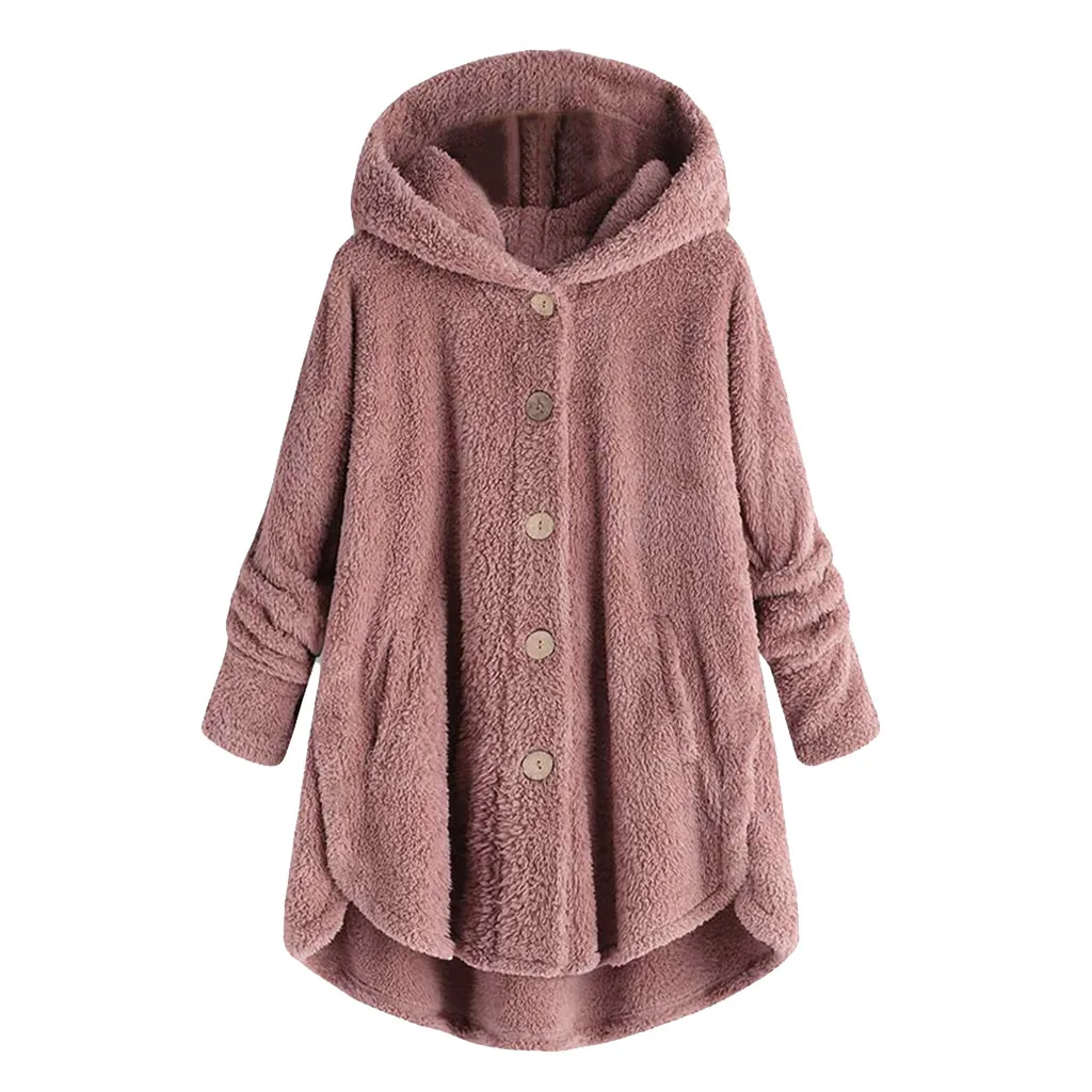 Осень Зима размера плюс женское пальто с капюшоном куртка Повседневные Плюшевые пальто однотонная Свободная Женская верхняя одежда толстое теплое плюшевое пальто на пуговицах