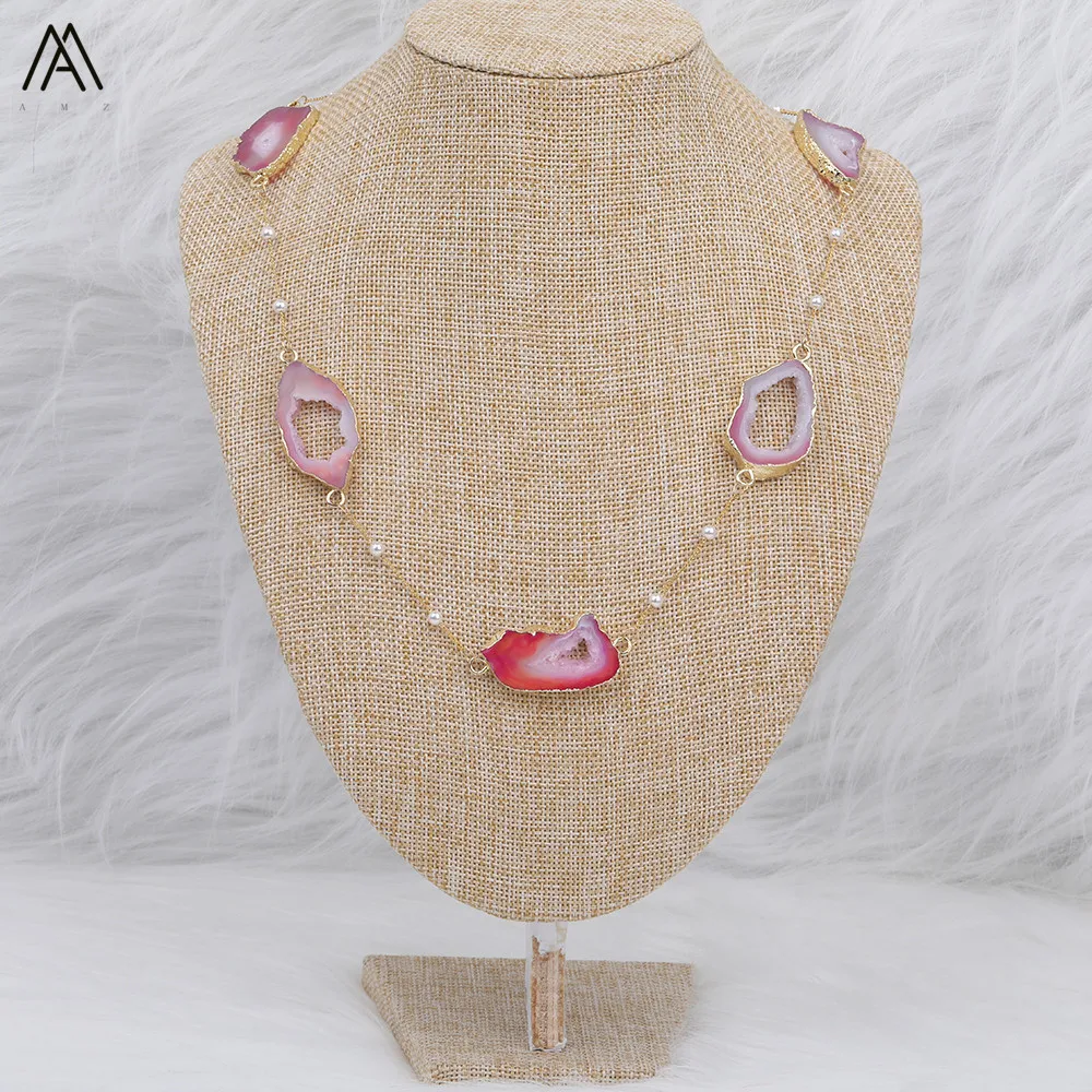 Pink Модные женские круглые бусины барочного жемчуга Druzy Geode Agates золотое ожерелье для женщин подарок на день рождения N0074AMEH - Окраска металла: Pink