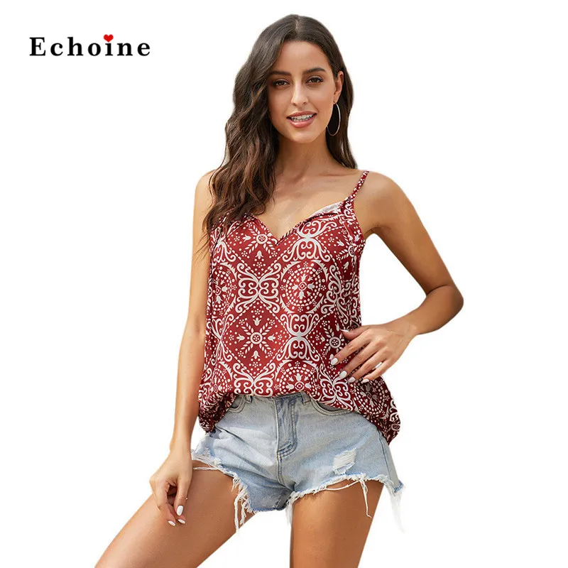 

Echoine Summer Spaghetti Strap Boho Printed Holiday Camisole Tops Women Sexy Sleeveless Shoulder Strap V-Neck Print Basics Vests