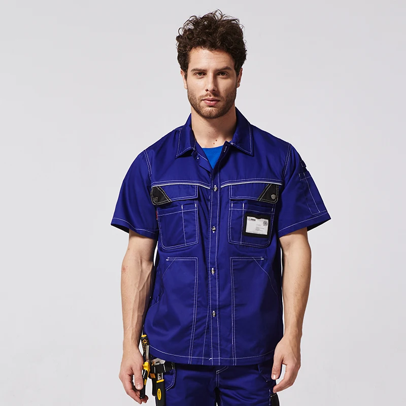 B230 workwear mens work shirts blue short sleeved shirts breathable safety working clothes with big pockets free shipping