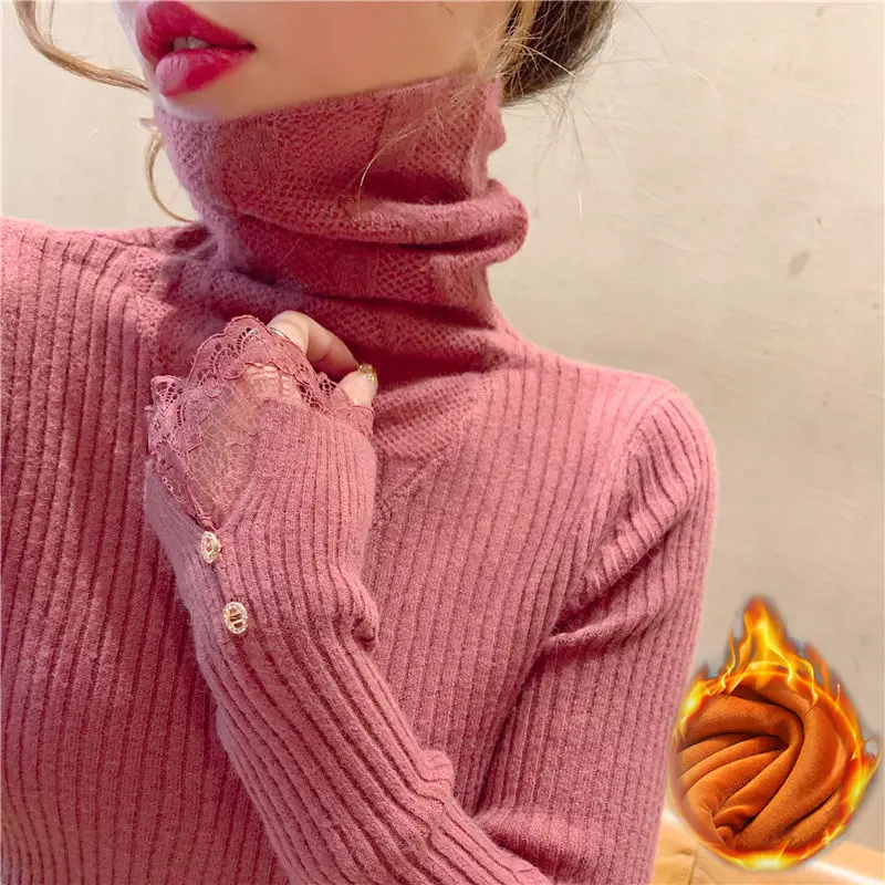 

Knitted bottom shirt women's autumn and winter new lace stitching slim high neck sweater women's inside