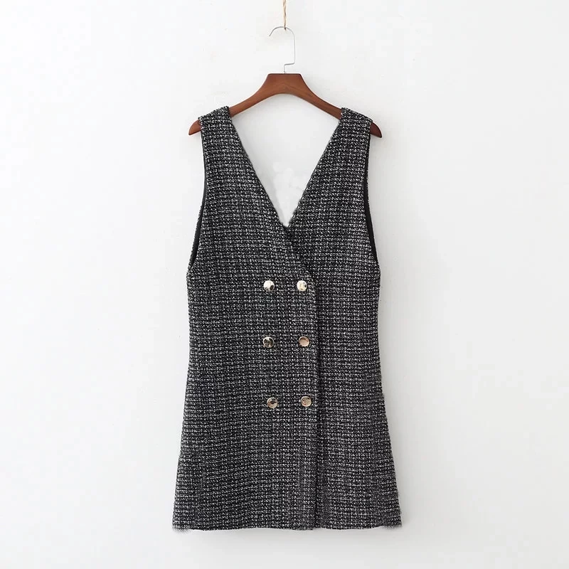 plaid women clothes Autumn vest dress plaid casual style deep V-neck office wear double mini party dress - Цвет: plaid