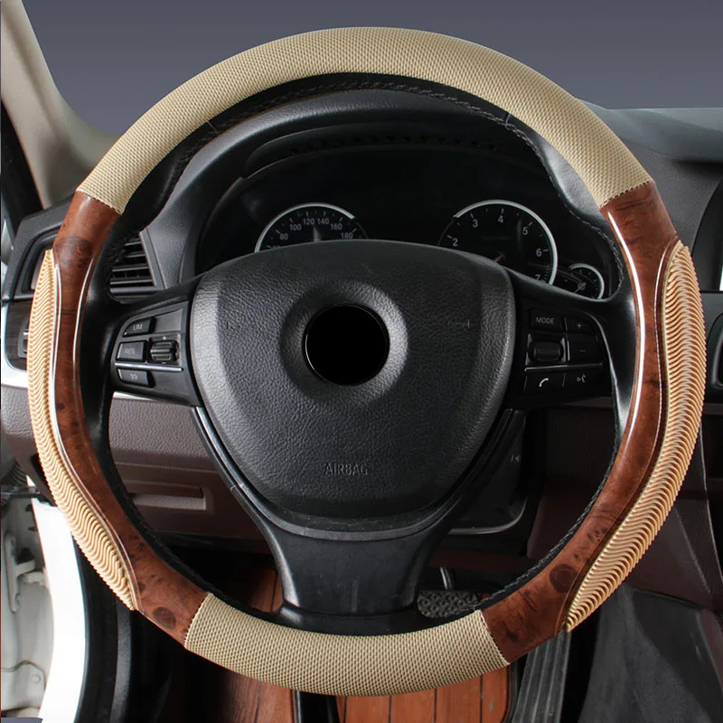 Beige 38cm Чехол рулевого колеса автомобиля Деревянные зерна противоскользящая дышащая оплетка рулевого колеса автомобиля аксессуары для укладки для большинства транспортных средств - Название цвета: Beige 38cm