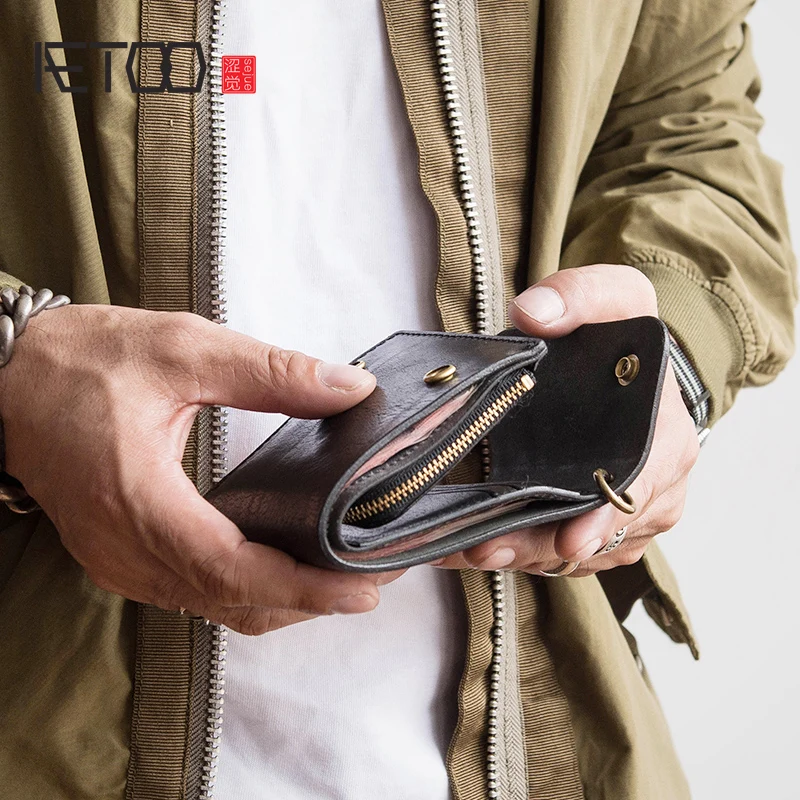 

AETOO Cowhide Short Wallet man retro simple money clip can put driver's license fashion ticket clip