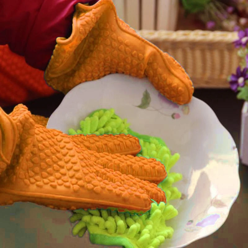 Top-Kitchen Heat Resistant Silicone Glove Oven Pot Holder Baking BBQ Cooking Mitt-Orange