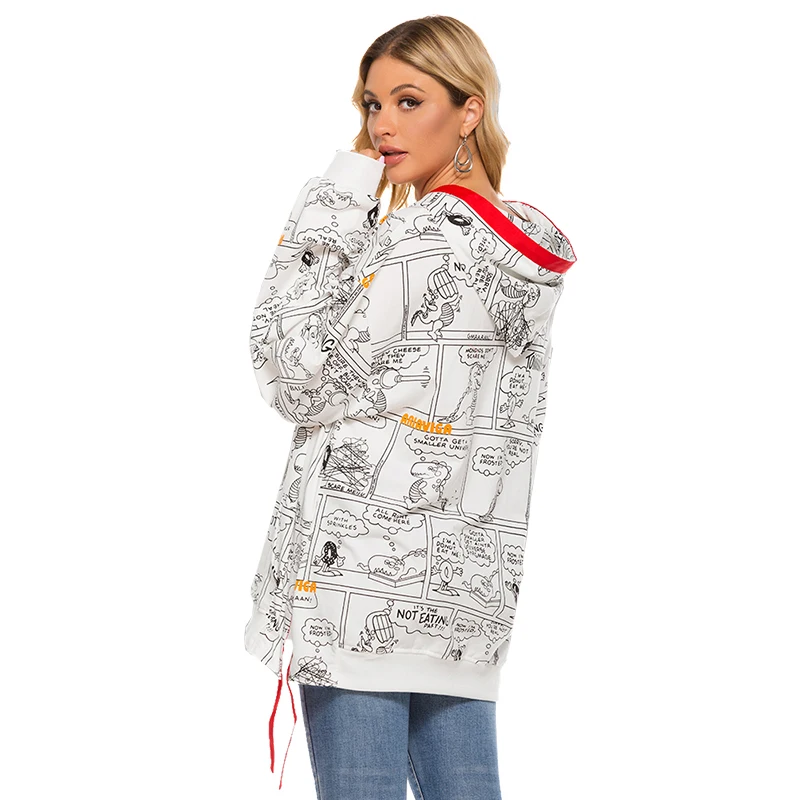 GLO-STORY Casual Women Cartoon Loose Sweatshirts Lady Tape Hoodies Split Hem Tops for Female