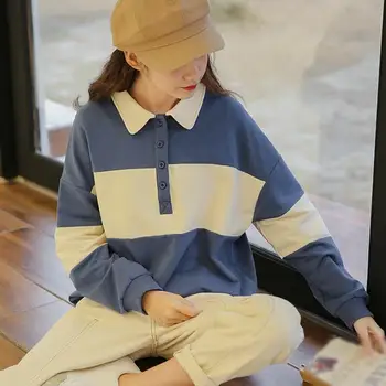 

Fashion 2019 Spring Fall Women Color Block Patchwork Casual Pullovers Sweatshirts Turn Down Collar Long Sleeve Sweatshirts