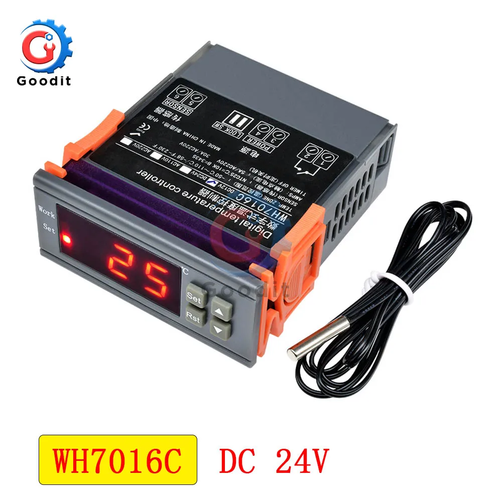 WH7016C DC 24V СВЕТОДИОДНЫЙ цифровой регулятор температуры DC 12V 24V AC 110V 220V терморегулятор управления термостатом W/нагреватель и кулер датчик - Цвет: WH7016C DC 24V