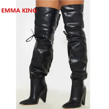 

Black / White Leather Women Winter Over Knee Boots Pointed Toe Spike High Heels Knight Boots Lace-Up Design Sexy Ladies Shoes