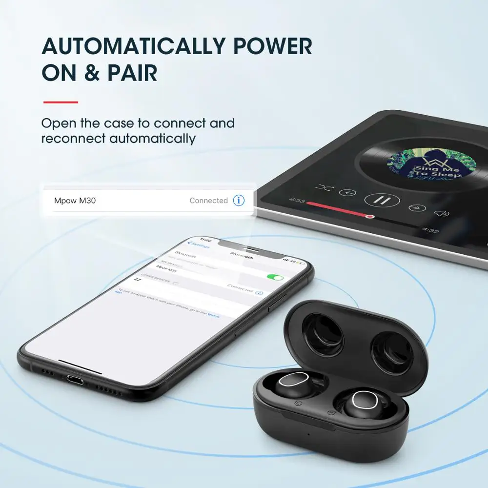 MPOW M30 TWS Stereo Wireless Earbuds With Charging Case IPX7 Waterproof Bluetooth 5.0 Sport Bass Earphone With Mic