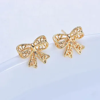 

50pcs Stud Earring Post Bowknot Hanging Dangle Earrings 24K Gold Color Metal Women Anti Allergic Earrings Findings DIY