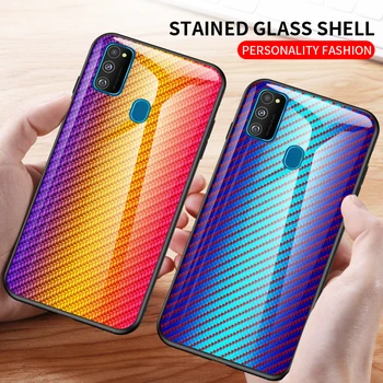 

30pcs/lot For Samsung Galaxy M30S Shockproof Carbon Fiber Gradient Stripe Tempered Glass Hard Case For Samsung Galaxy A70S A80