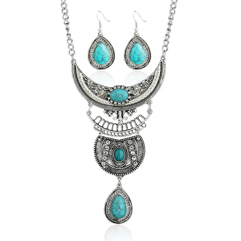 LZHLQ, винтажный резной чокер с геометрическими мотивами, массивное ожерелье, женский набор, 4 цвета, синий камень, цинковый сплав, ювелирное изделие - Окраска металла: Ancient silver Blue