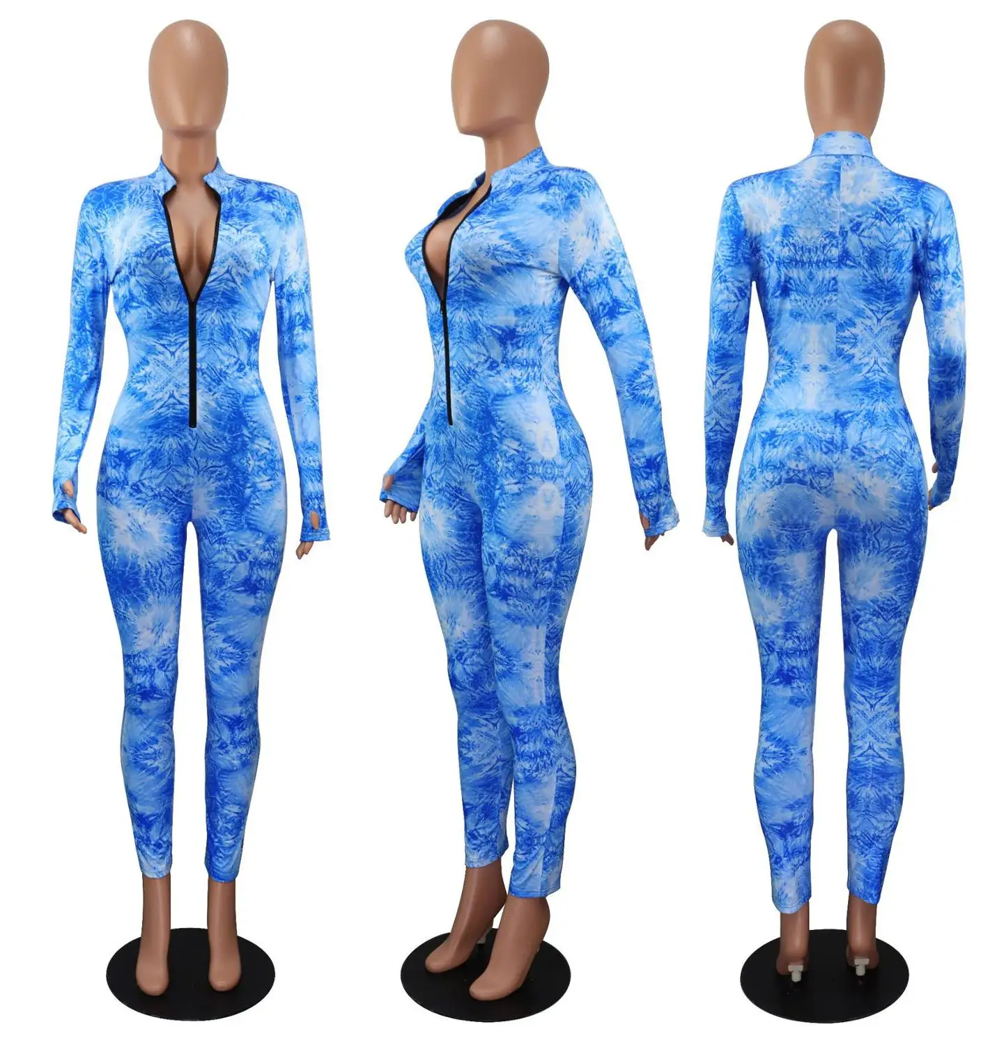 Adogirl Women Tie Dye Print Zipper Jumpsuit Sexy V Neck Long Sleeve Pencil Pants Slim Romper Fashion Casual Women Playsuit